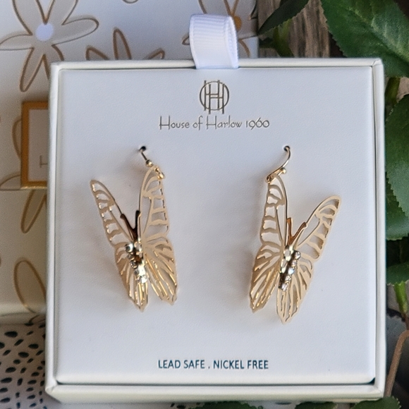 NWT House of Harlow 1960 gold drop butterfly earrings with clear rhinestones - Picture 2 of 5